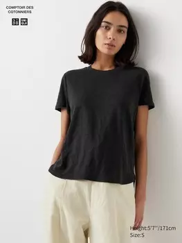 Льняная футболка с круглым вырезом Uniqlo, черный
