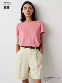 Льняная футболка с круглым вырезом Uniqlo, розовый