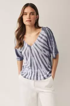 Льняная футболка с V-образным вырезом и декоративными пуговицами Next, синий