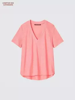 Льняная футболка с v-образным вырезом и короткими рукавами Uniqlo, цвет 10 розовый