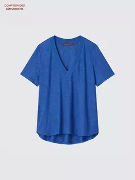 Льняная футболка с v-образным вырезом и короткими рукавами Uniqlo, цвет 66 синий