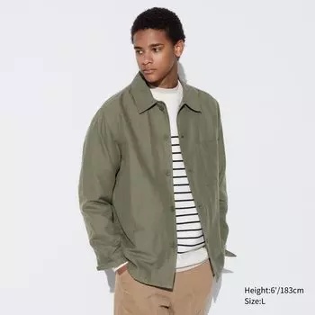 Льняная куртка-верхняя рубашка UNIQLO, оливковый