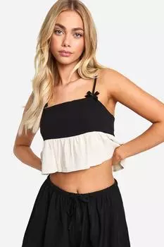 Льняная майка с баской и контрастным бантом boohoo, черный