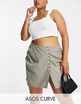 Льняная мини-юбка цвета хаки с запахом и пуговицами ASOS DESIGN Curve