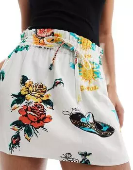 Льняная мини-юбка с завязкой на талии ASOS DESIGN с тропическим принтом