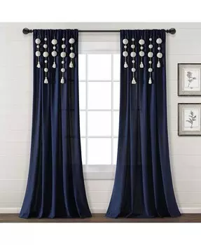 Льняная оконная занавеска в стиле бохо с кисточками и помпонами Lush Decor, синий