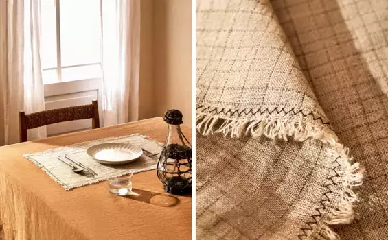 Льняная подставка в клетку с бахромой Zara Home, светло-бежевый