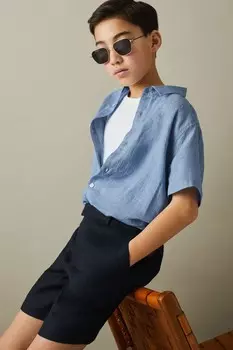 Льняная праздничная рубашка с короткими рукавами Reiss, синий