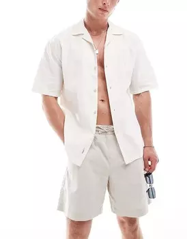 Льняная рубашка цвета экрю Pull&Bear с воротником с лацканами