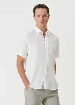Льняная рубашка комфортного кроя с короткими рукавами Beymen Club, белый