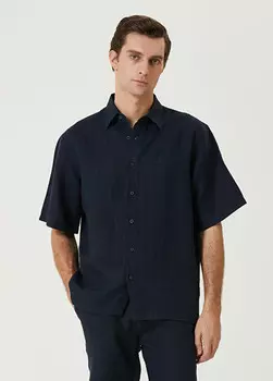 Льняная рубашка комфортного кроя с короткими рукавами Beymen Club, синий