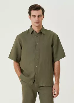 Льняная рубашка комфортного кроя с короткими рукавами Beymen Club, хаки