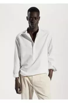 Льняная рубашка обычного кроя с воротником Mao Mango, синий