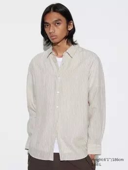 Льняная рубашка премиум-класса regular fit в полоску Uniqlo, цвет 32 бежевый