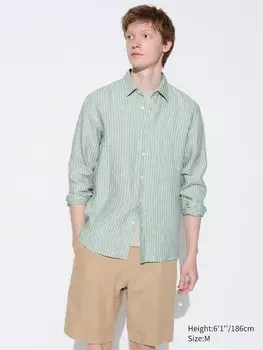 Льняная рубашка премиум-класса regular fit в полоску Uniqlo, цвет 52 зеленый