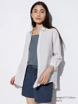 Льняная рубашка премиум-класса в полоску Uniqlo, серый
