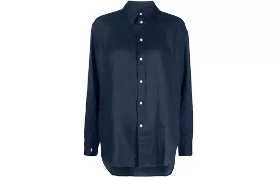 Льняная рубашка с длинным рукавом и вышитым логотипом Polo Ralph Lauren, Marine Blue