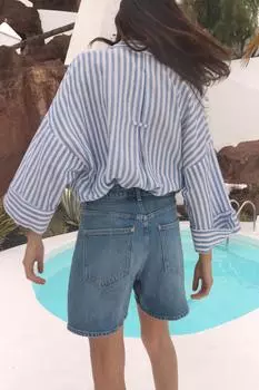 Льняная рубашка с широкими рукавами ZARA, цвет Blue/White