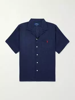 Льняная рубашка с вышитым логотипом и отложным воротником POLO RALPH LAUREN, темно-синий