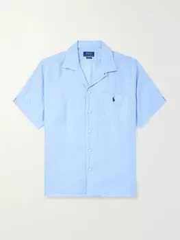 Льняная рубашка с вышитым логотипом и отложным воротником POLO RALPH LAUREN, синий
