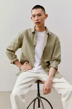 Льняная рубашка свободного кроя H&amp;M, светло-зеленый хаки