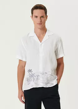 Льняная рубашка удобного кроя с пейзажной вышивкой Beymen Club, белый