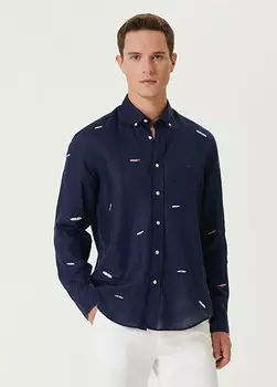 Льняная рубашка удобного кроя с вышивкой в виде доски для серфинга Beymen Club, синий