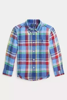 Льняная рубашка в клетку для мальчика Polo Ralph Lauren, синий