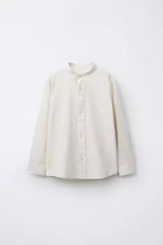 Льняная рубашка в полоску с воротником-стойкой ZARA, песочный