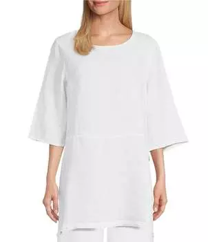 Льняная туника Bryn Walker Bre с круглым вырезом, рукавами 3/4 и боковыми разрезами, белый