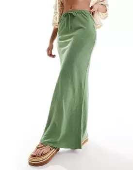 Льняная юбка макси косого кроя ASOS DESIGN с завязкой на талии цвета хаки