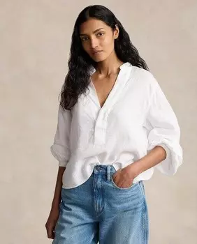 Льняная женская блузка с длинным рукавом Polo Ralph Lauren, белый