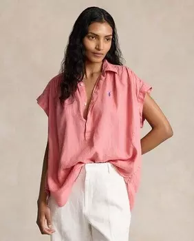 Льняная женская блузка с коротким рукавом Polo Ralph Lauren, розовый