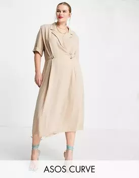 Льняное костюмное платье миди с запахом ASOS DESIGN Curve