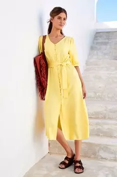 Льняное летнее платье миди на пуговицах Next, желтый