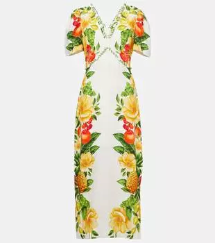 Льняное макси-платье с цветочным принтом Farm Rio, Picnic Flowers Off-White