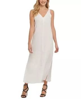 Льняное макси-платье с v-образным вырезом DKNY, белый