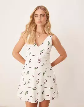 Льняное мини-платье Abercrombie & Fitch с высоким квадратным вырезом и зеленым принтом