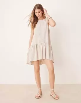 Льняное мини-платье ASOS DESIGN с заниженной талией в натуральную полоску