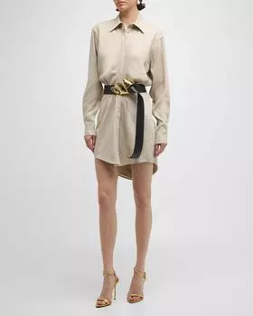 Льняное мини-платье-рубашка Vera с длинными рукавами Brandon Maxwell, цвет Sand