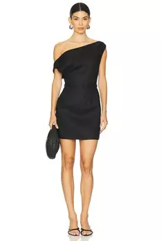 Льняное мини платье с открытыми плечами и поясом Sans Faff, black