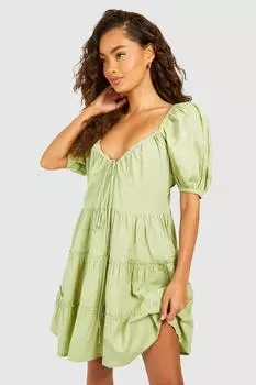 Льняное мини-платье с пышными рукавами boohoo, хаки