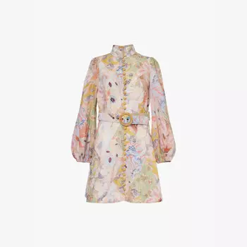 Льняное мини-платье с воротником-стойкой и поясом Zimmermann, мультиколор