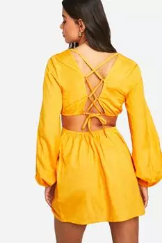 Льняное мини-платье с завязкой на спине boohoo, оранжевый