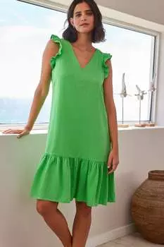 Льняное мини-платье с завязкой сзади и рюшами на рукавах Next, зеленый