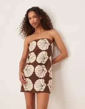 Льняное мини-платье-юбка Abercrombie & Fitch в бежевом цветочном стиле