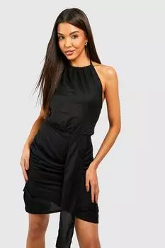 Льняное мини-пляжное платье с вырезом через шею и драпировкой boohoo, черный