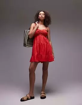 Льняное многоярусное мини-платье Emory Park с завязками на плечах красного цвета