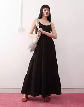 Льняное многоярусное платье мидакси Monki черного цвета эксклюзивно для ASOS
