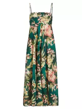 Льняное платье-бандо Lexi с цветочным принтом Zimmermann, цвет green palm